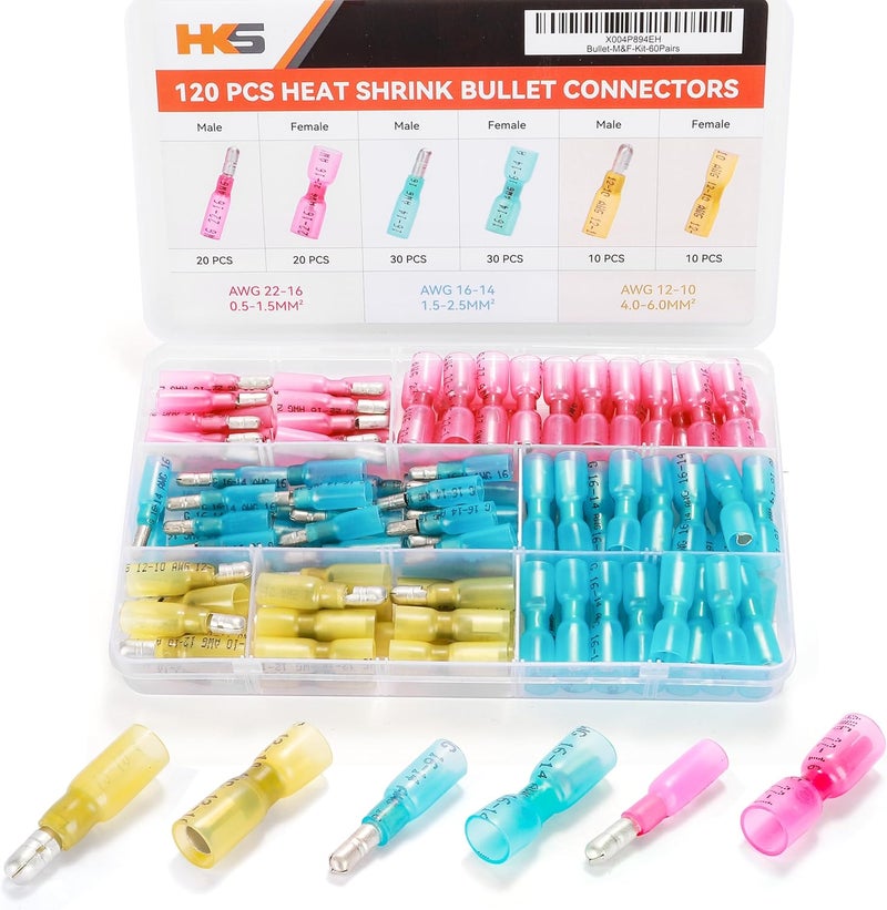 HK-S 120PCS/60 Pairs Heat Shrink Bullet Connectors Kit – 22-10 AWG Male & Female Wire Terminals – Tinned Copper Crimp Connectors – Insulated Waterproof – for Automotive, Marine & Electrical Wiring - Image 1